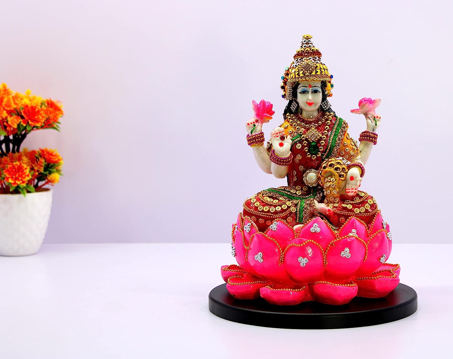 Decorative Lakshmiji Idol on Pink Lotus for Home Temple Pooja