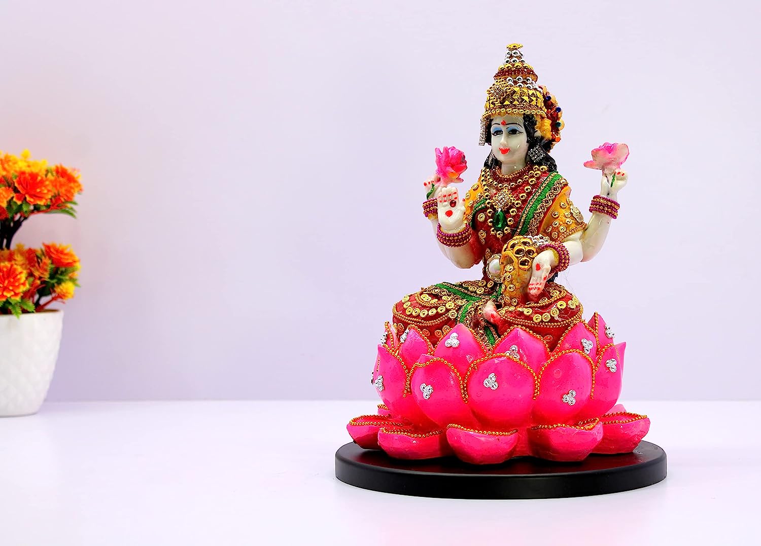 Decorative Lakshmiji Idol on Pink Lotus for Home Temple Pooja