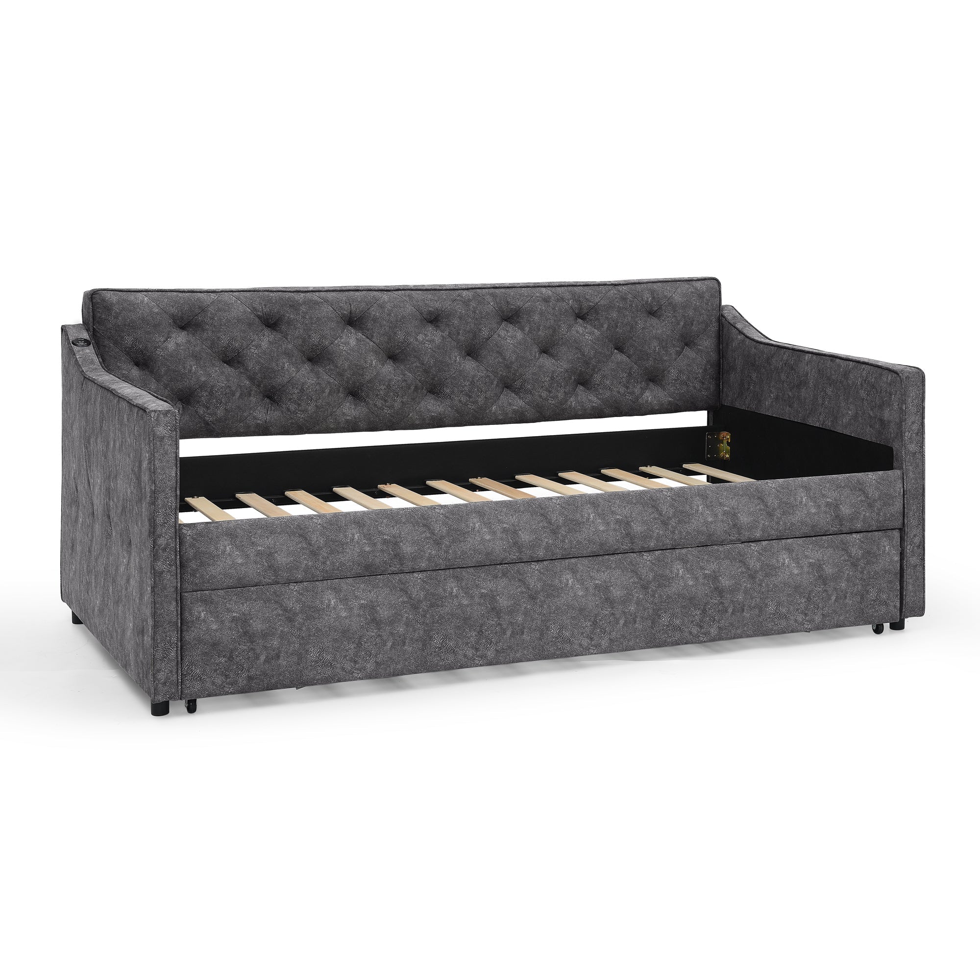 Grey Velvet Mid-Century Style Twin Upholstered Daybed with Pop-Up