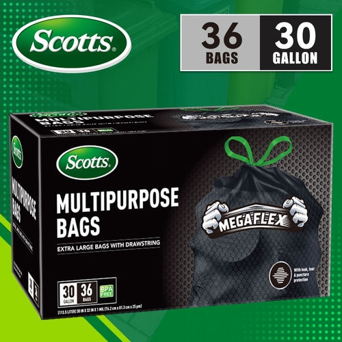 Scotts 36 Bags 30 Gallon Box Disposable Non-Rip Black Large Drawstring