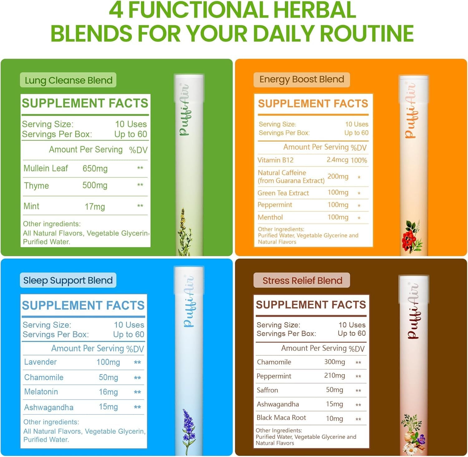 PUFFIAIR 4-Pack Herbal Diffuser Pen | Clean Botanical Aromatherapy