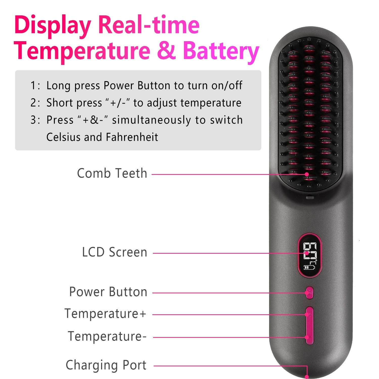 Cordless Negative Ion Hair Straightener Brush Rechargeable Mini
