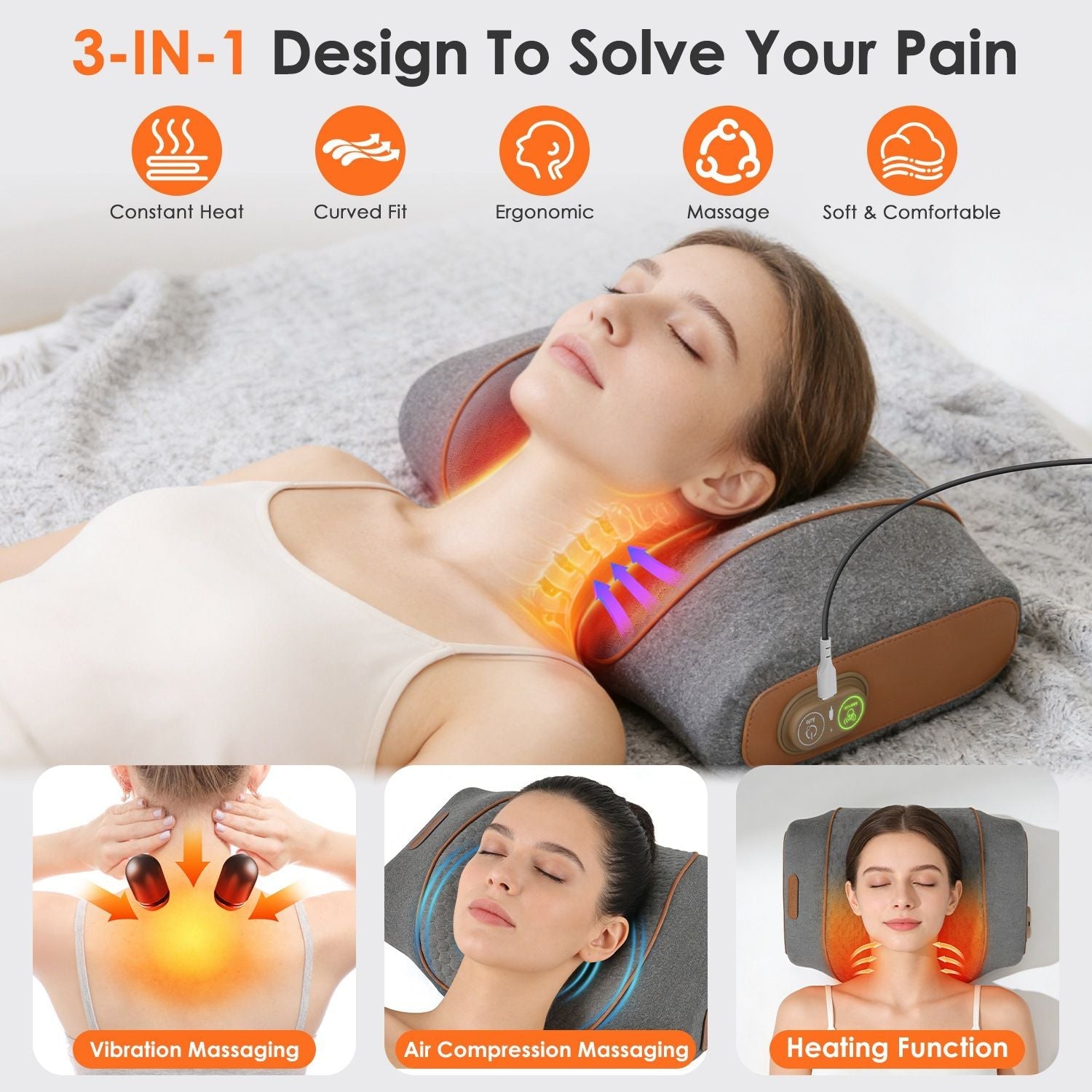 3-in-1 Neck Massager Pillow Ergonomic Massager with Heating Vibration