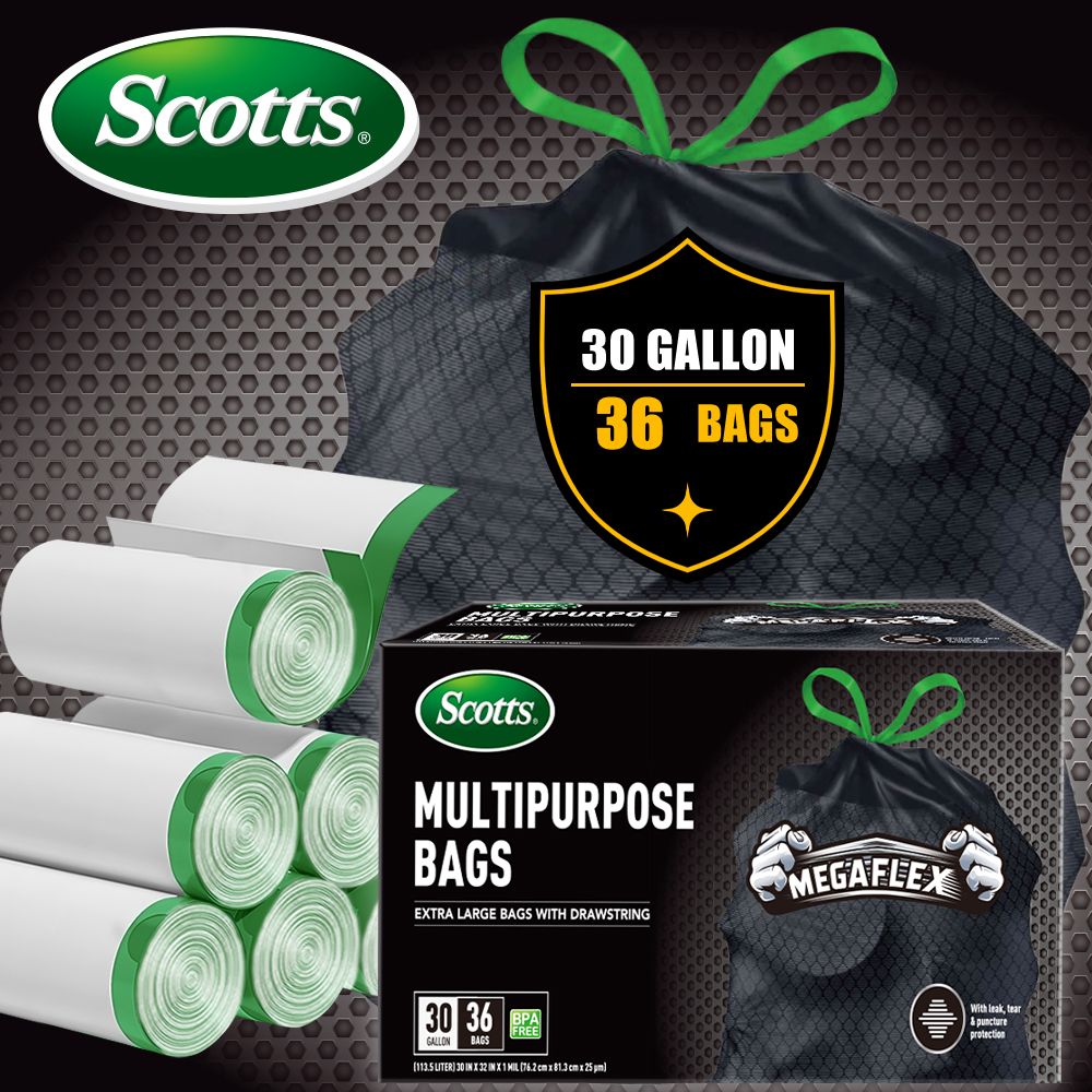 Scotts 36 Bags 30 Gallon Box Disposable Non-Rip Black Large Drawstring