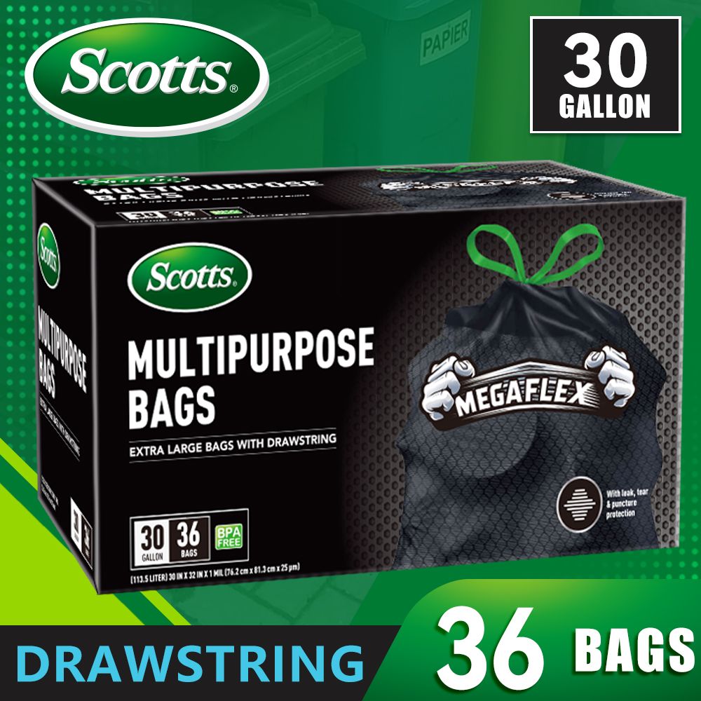 Scotts 36 Bags 30 Gallon Box Disposable Non-Rip Black Large Drawstring