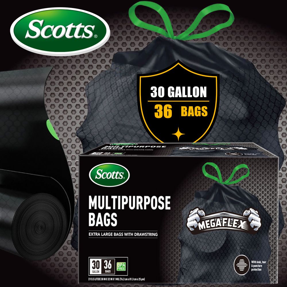 Scotts 36 Bags 30 Gallon Box Disposable Non-Rip Black Large Drawstring