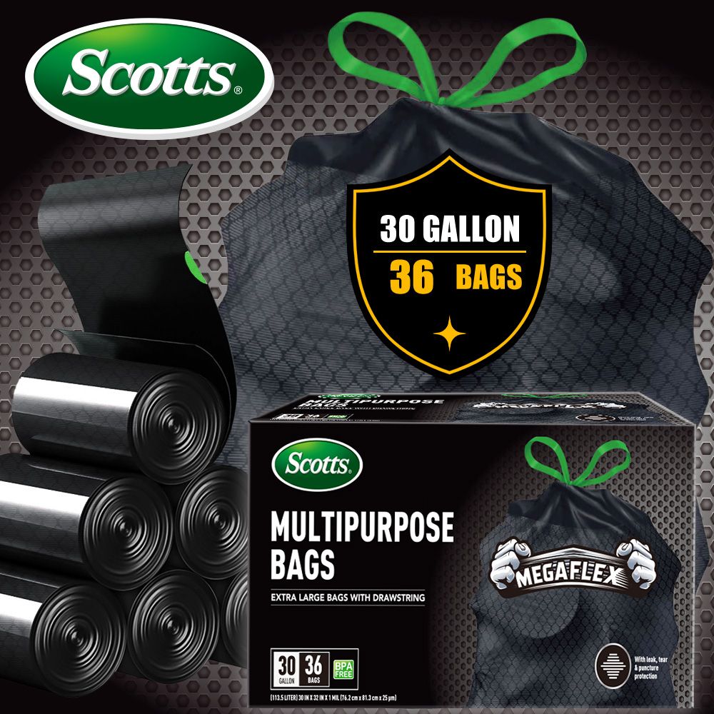 Scotts 36 Bags 30 Gallon Box Disposable Non-Rip Black Large Drawstring
