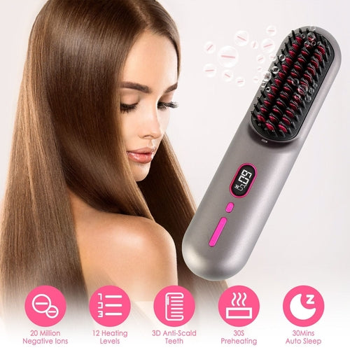 Cordless Negative Ion Hair Straightener Brush Rechargeable Mini