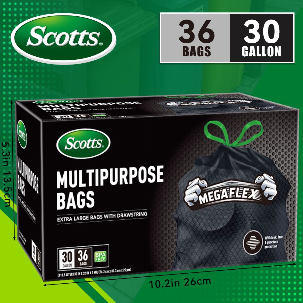 Scotts 36 Bags 30 Gallon Box Disposable Non-Rip Black Large Drawstring
