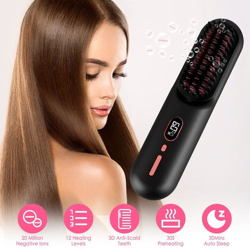 Cordless Negative Ion Hair Straightener Brush Rechargeable Mini