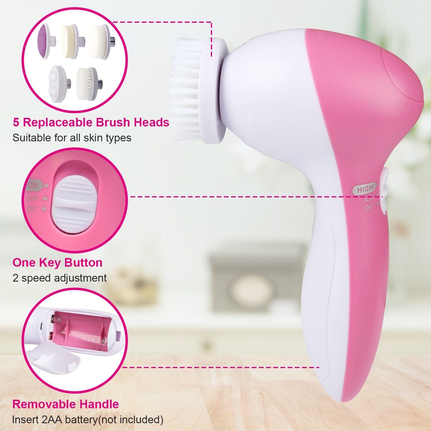 Facial Cleansing Brush Waterproof Face Spin Cleaning Brush with 5