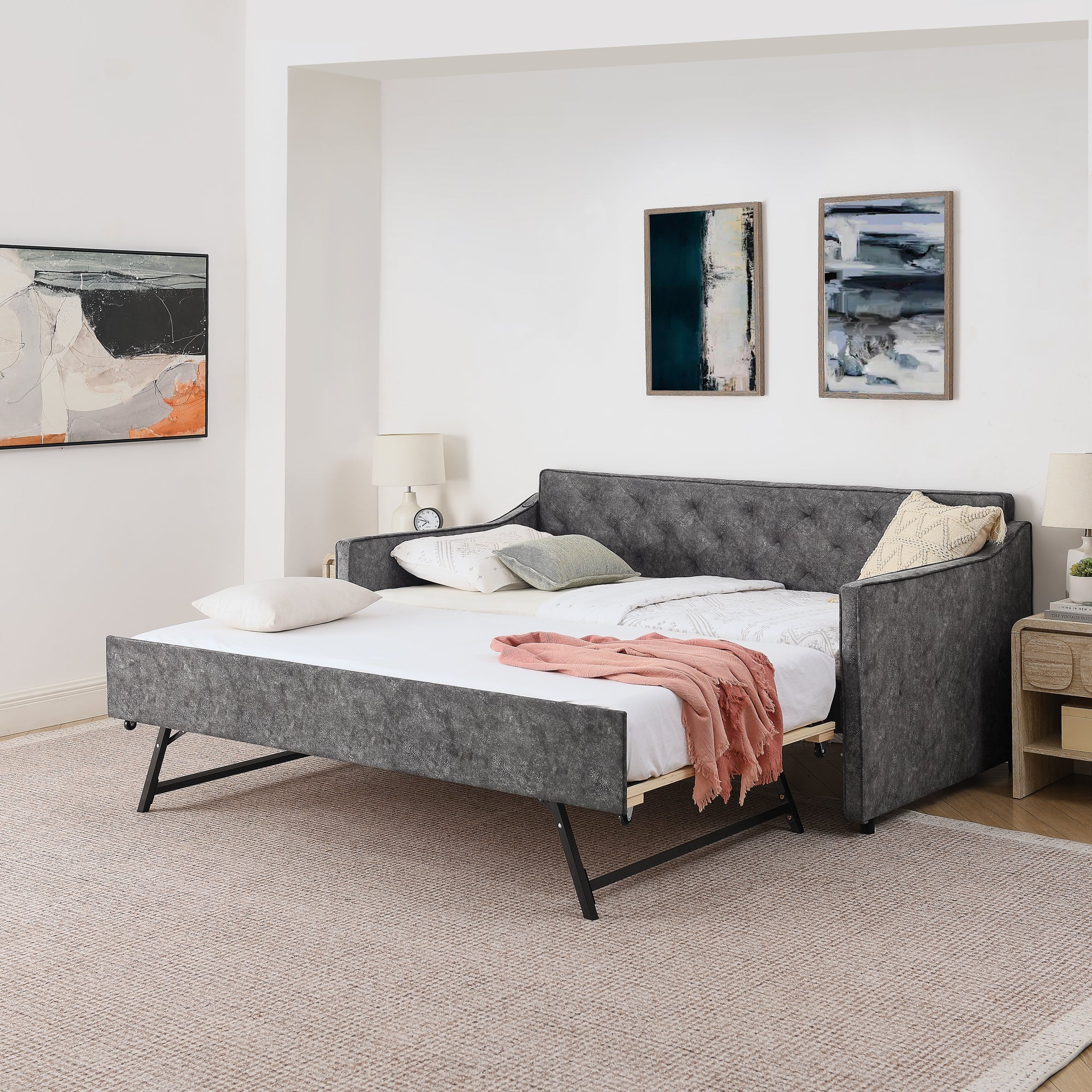 Grey Velvet Mid-Century Style Twin Upholstered Daybed with Pop-Up