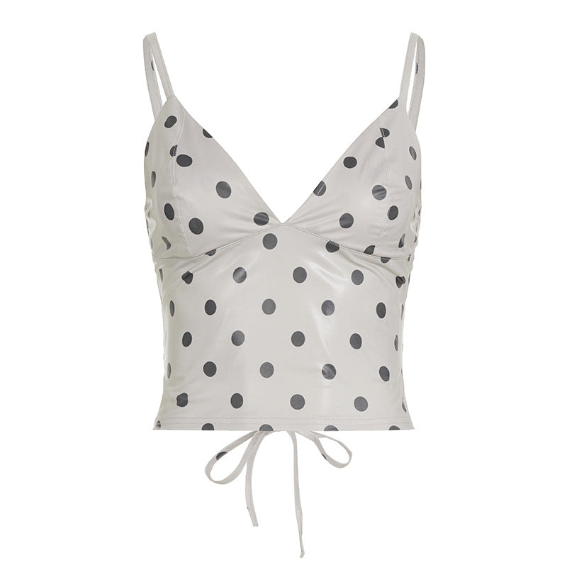 Polka Dot V-neck Leather Camisole For Women, Slim-fit And Versatile