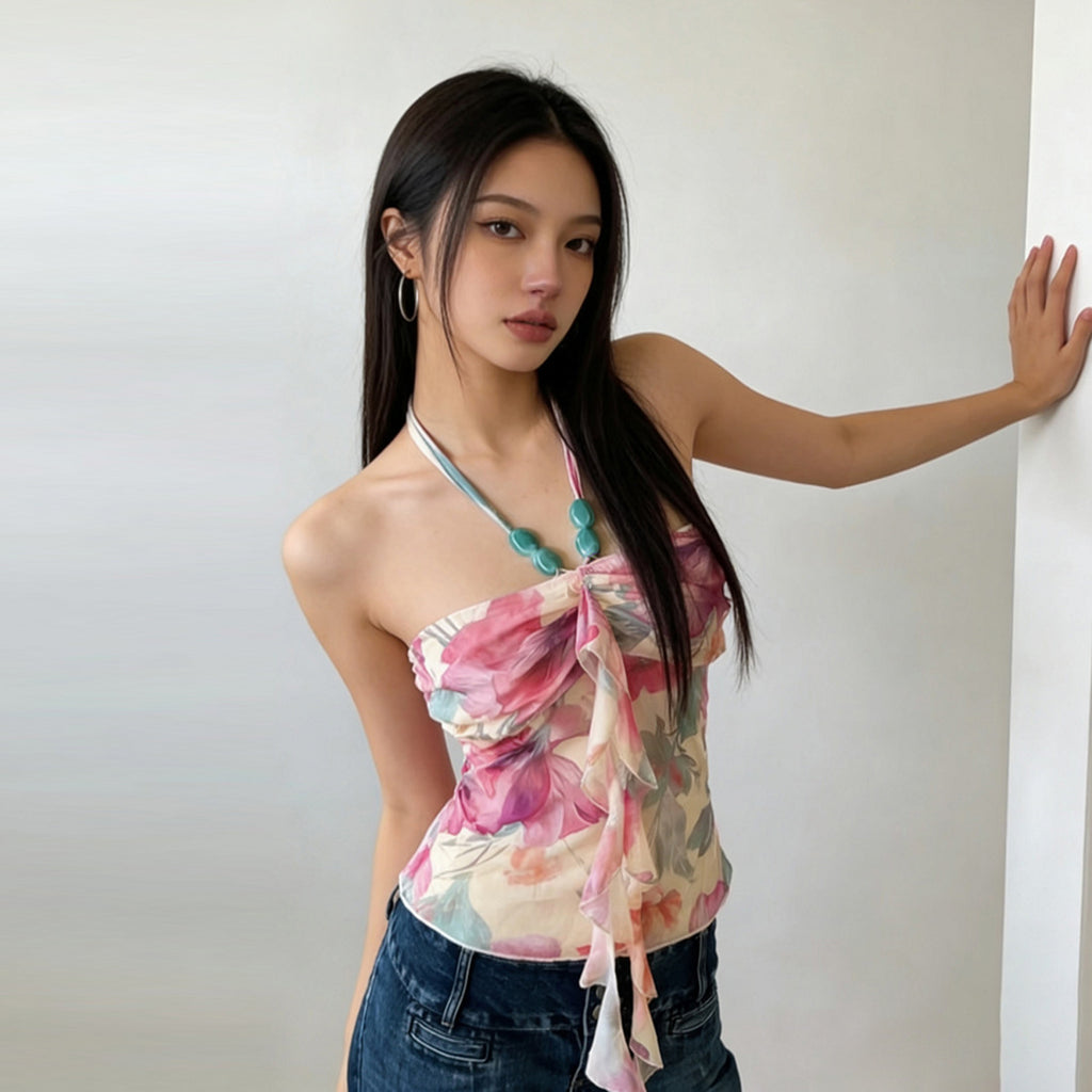 SpringSummer Chic Slim Fit Halterneck Printed T Shirt