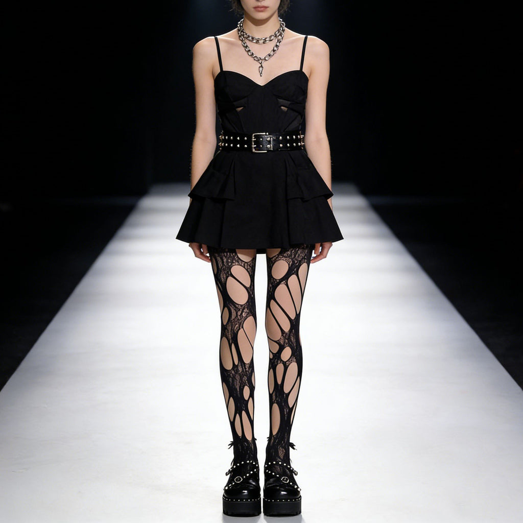 Irregular And Sexy Stockings With Summer Thin Straps, Broken Holes, Black Silk Jumpsuit Stockings