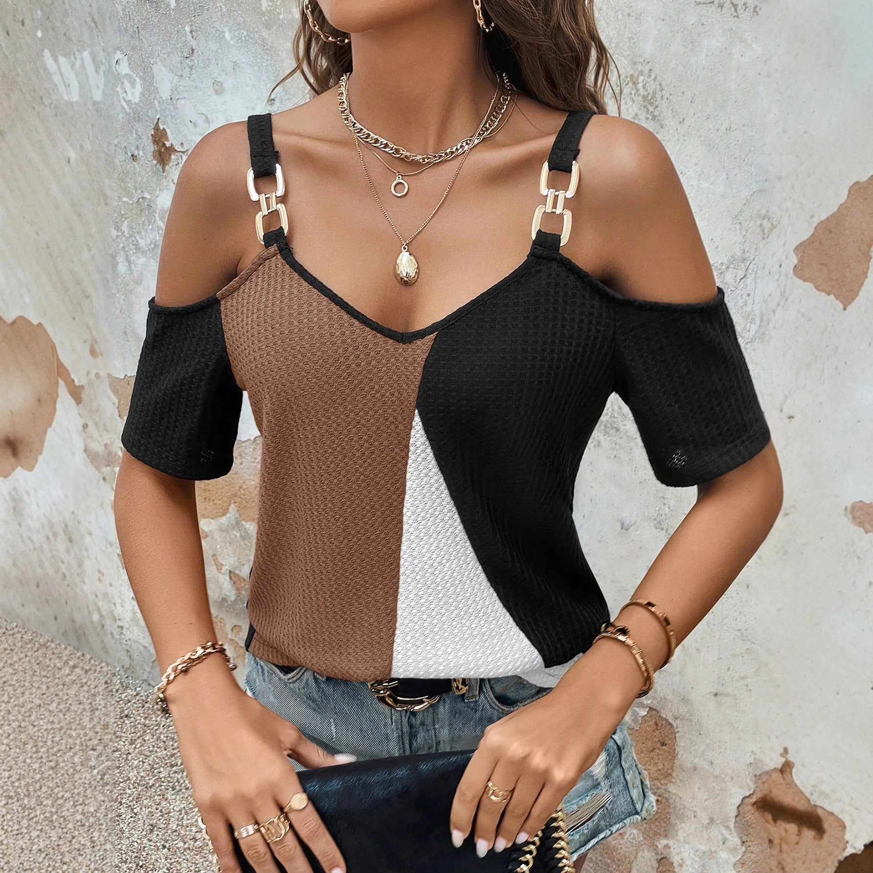 V-neck Color-block Knitted Backless Loose Short-sleeve Camisole T-shirt Top