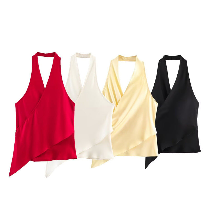 European And American-style Fashionable Versatile Satin-textured Halter-neck Top