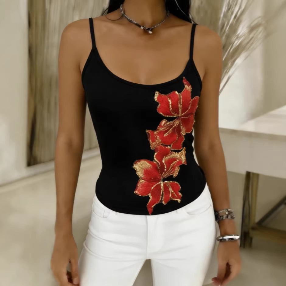 Chic Slim-Fit Solid-Color Beaded Embroidery Camisole