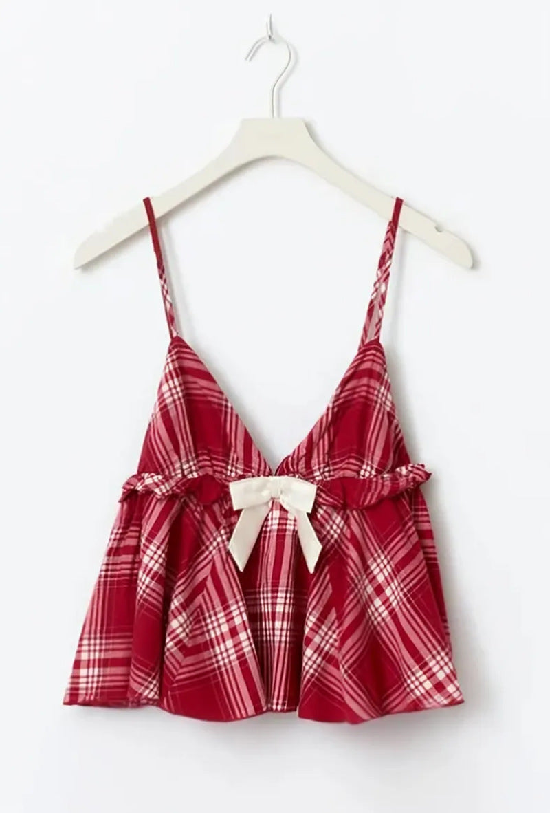 New Women's Clothing Comfortable And Casual Plaid Design With Bow Decoration, Sexy Vintage Camisole