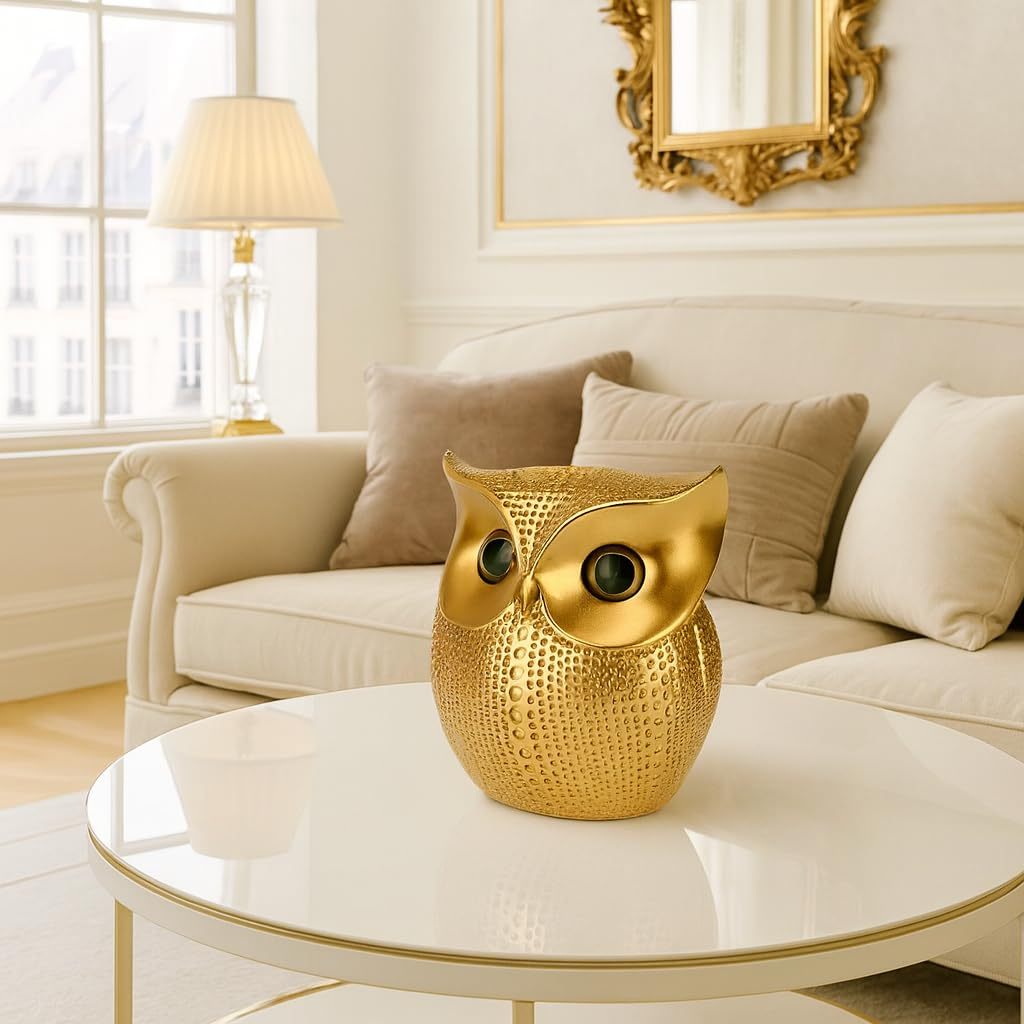 Golden Owl Resin Showpiece Lucky Decor