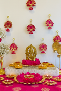 Golden Hindu Altar Decor with Diyas & Lotus Backdrop