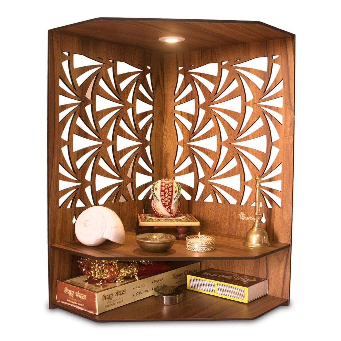 Corner Wooden Pooja Mandir with LED Light