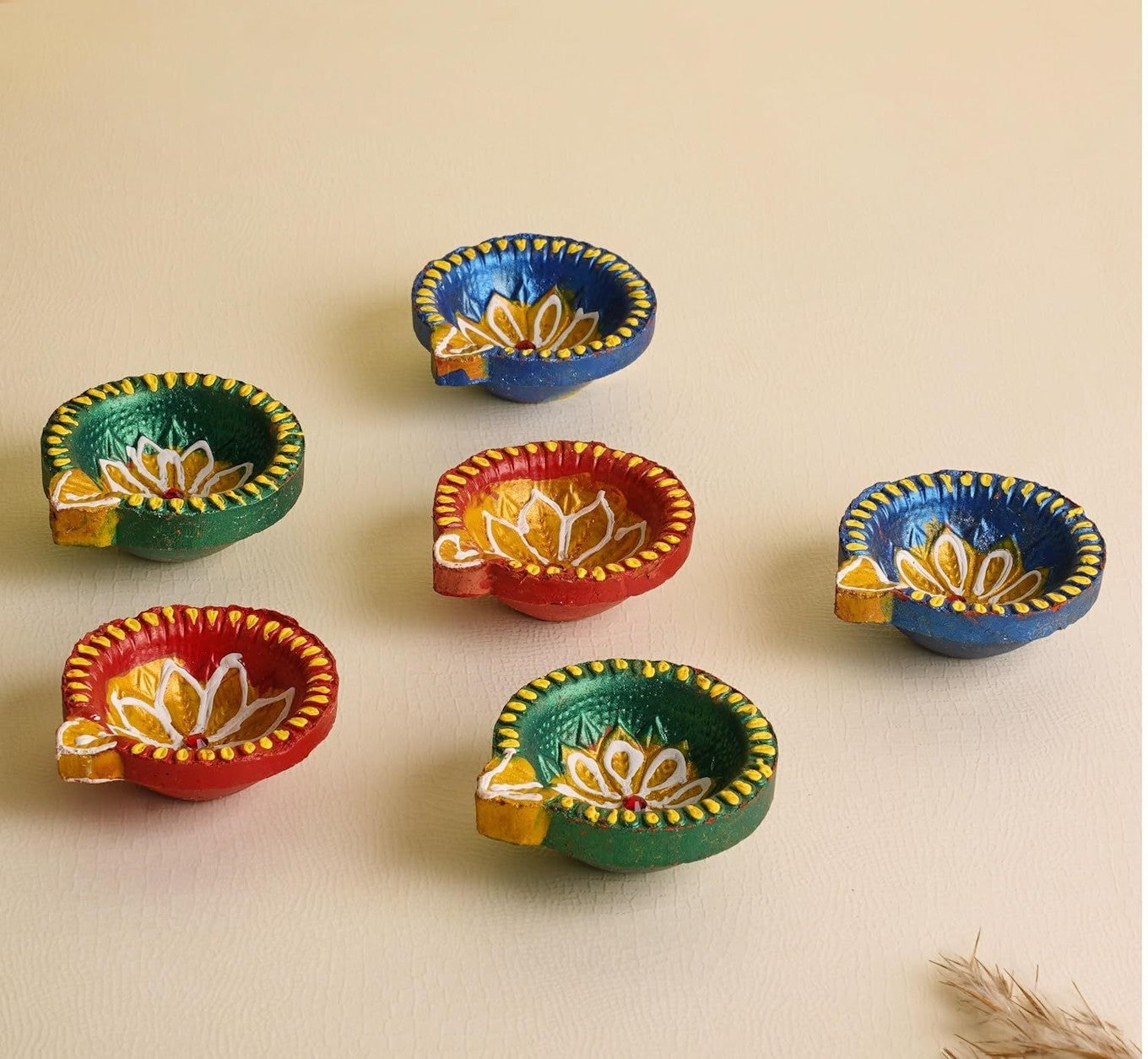 Hand-Painted Colourful Clay Diya Set of 12