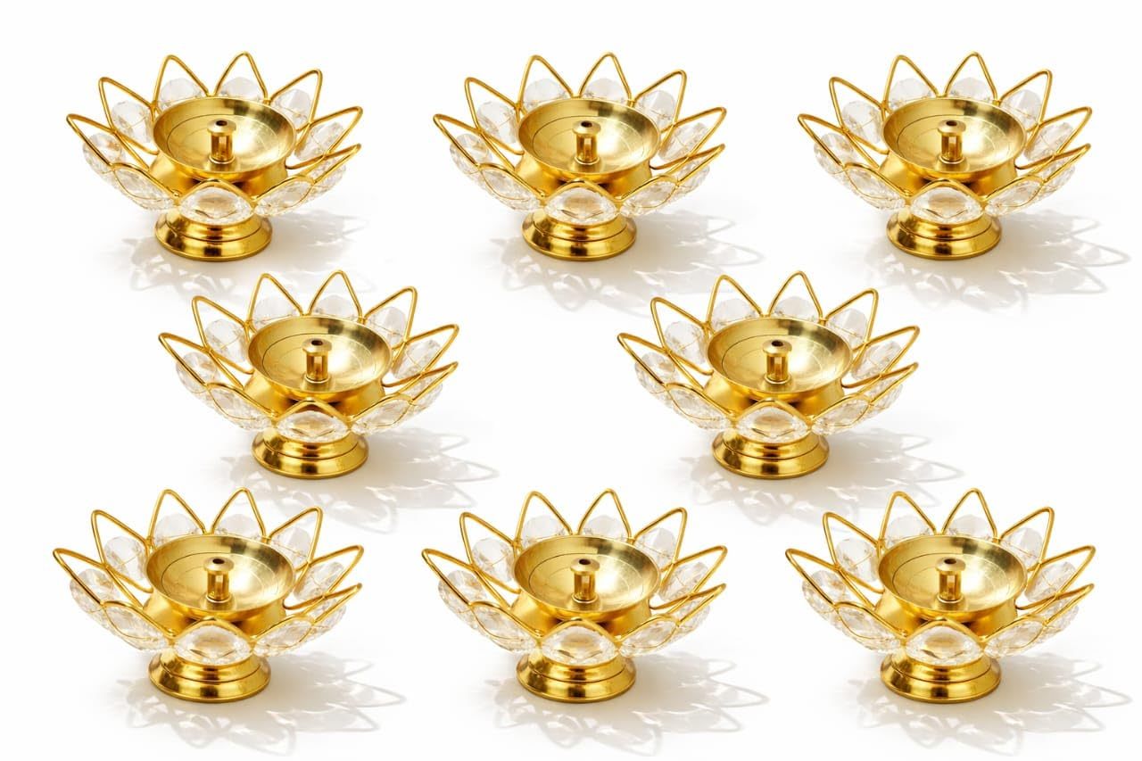 Brass Crystal Kamal Diya Pack of 8