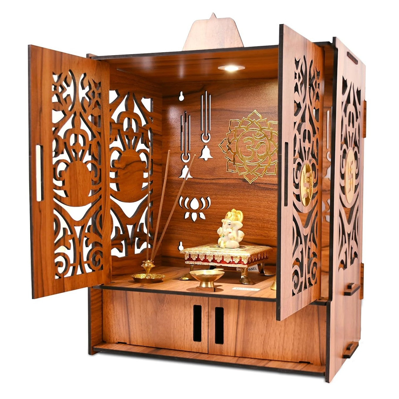 Wooden Pooja Mandir with LED & Storage Cabinet