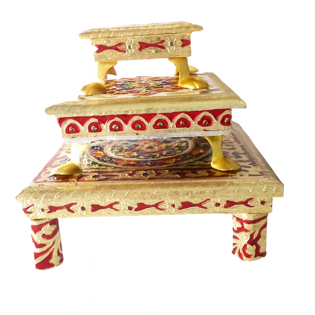 Red & Gold Meenakari 3-Tier Puja Chowki Set