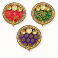 Set of 3 Decorative Puja Plates – Multicolor Base with Golden Bowls &