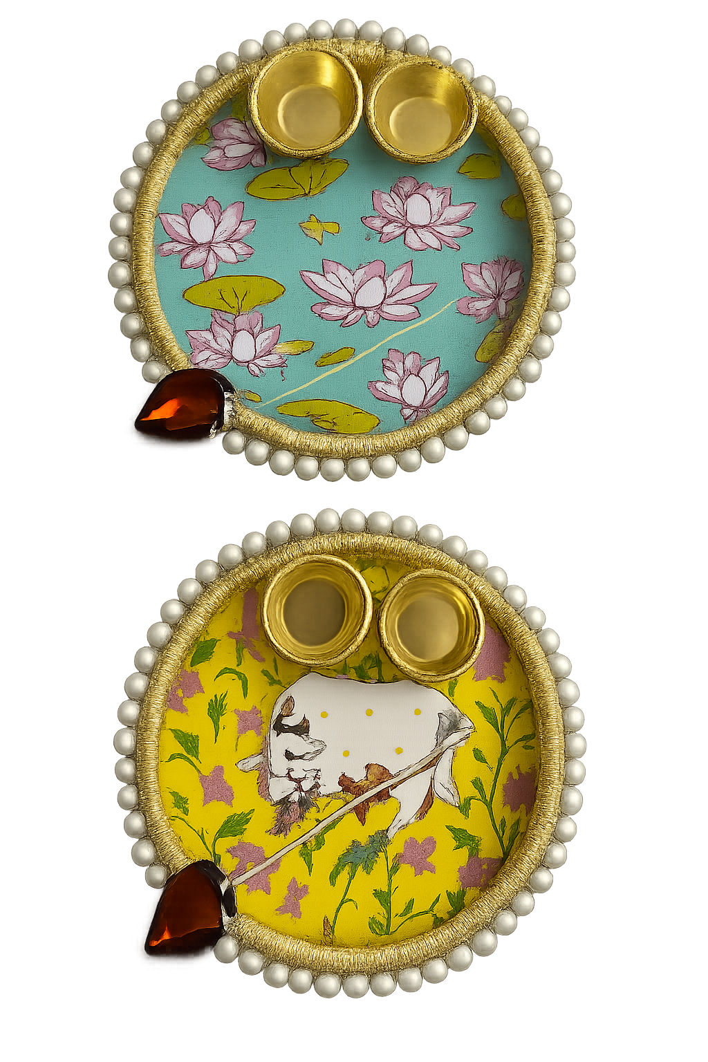 Set of 3 Decorative Puja Plates – Multicolor Base with Golden Bowls &