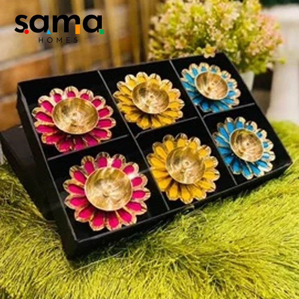 Sun Flower Shape Antique Brass Diwali Diya Set of 6 , For Temple Pooja