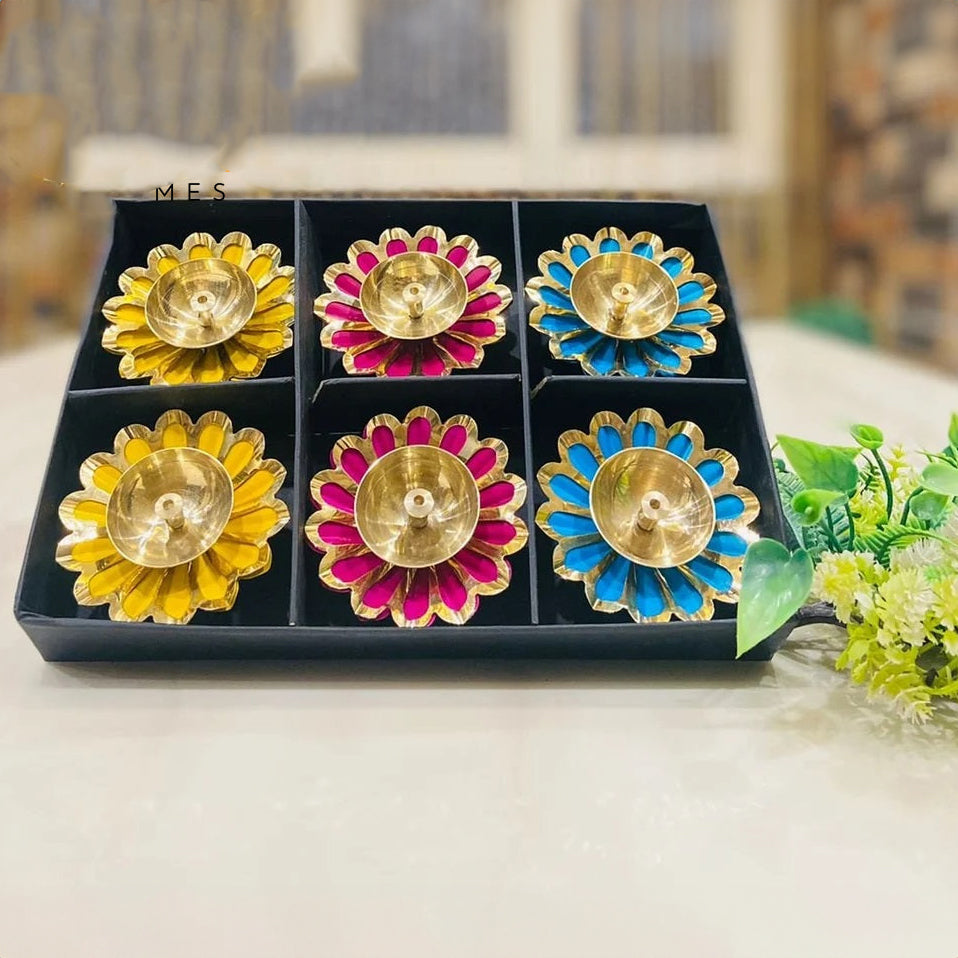 Sun Flower Shape Antique Brass Diwali Diya Set of 6 , For Temple Pooja